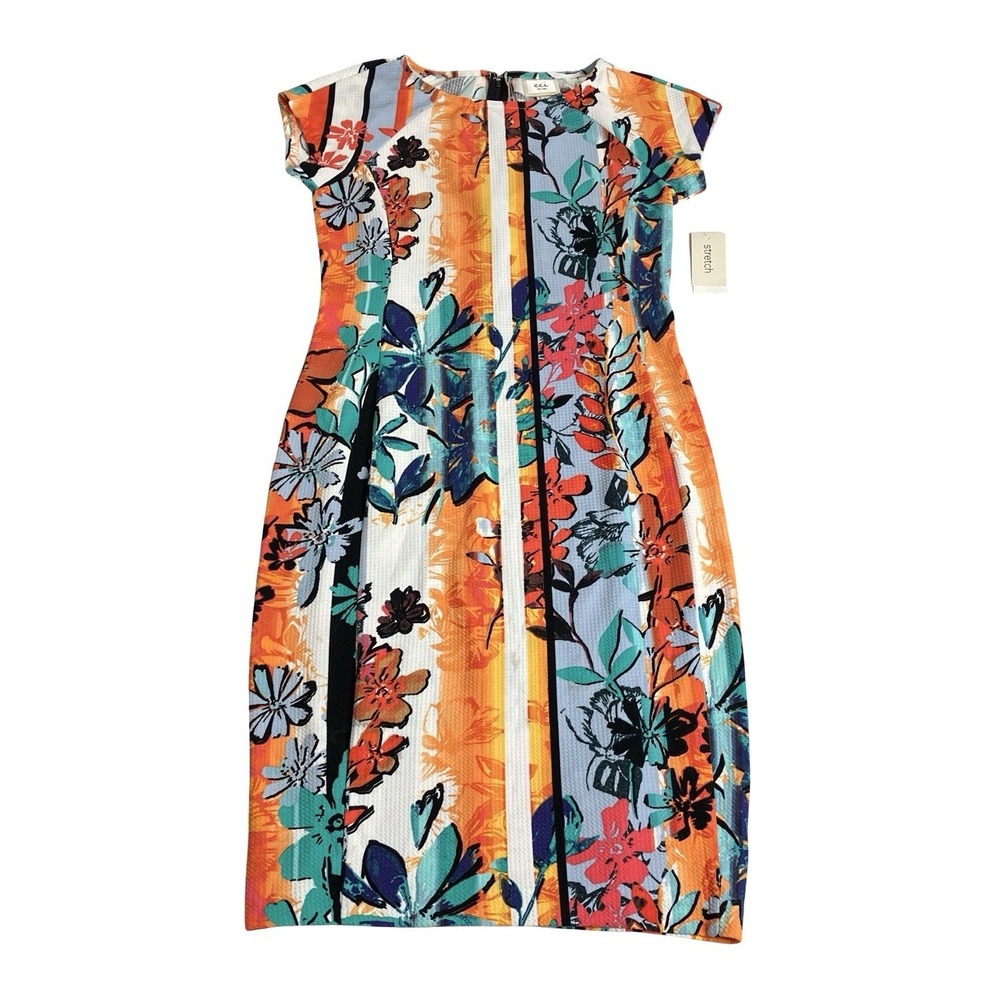 ECI Midi Sheath Dress Women 8 Floral Stripe Colorful Textured Stretch Resortwear